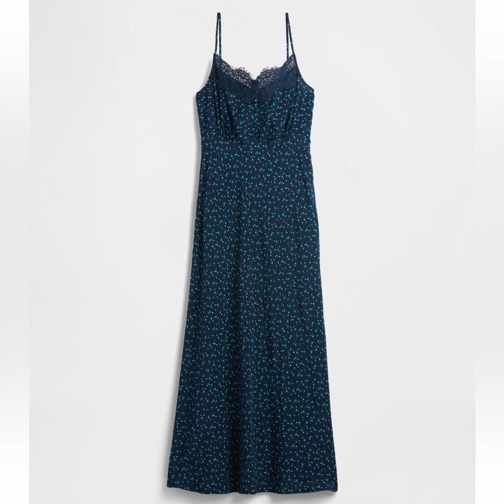 GAP Crepe Lace-Trim Sweetheart, Navy Ditsy Floral Maxi Dress